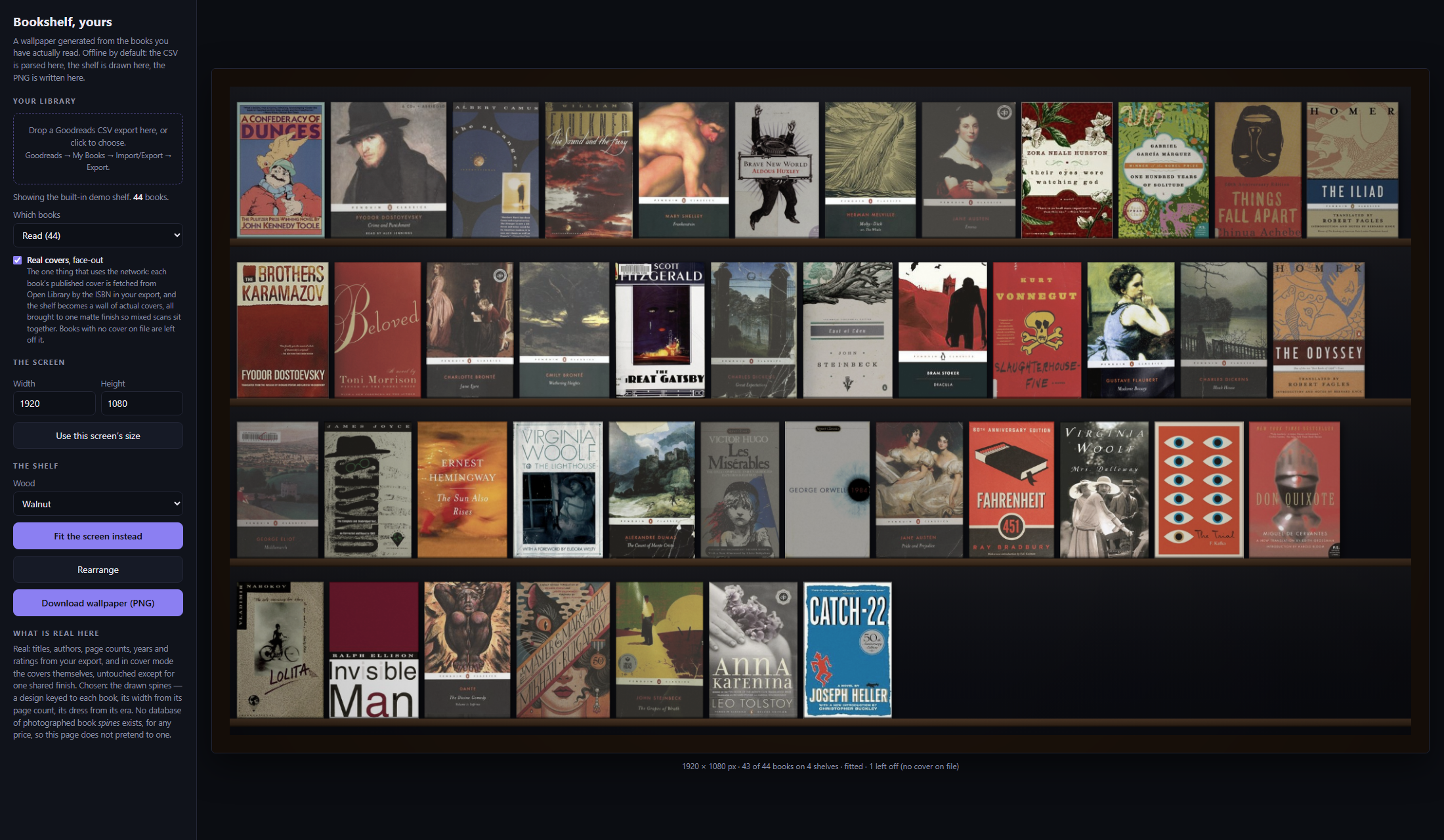 The bookshelf app in cover mode: a wall of real book covers, uniformly finished, on four shelves