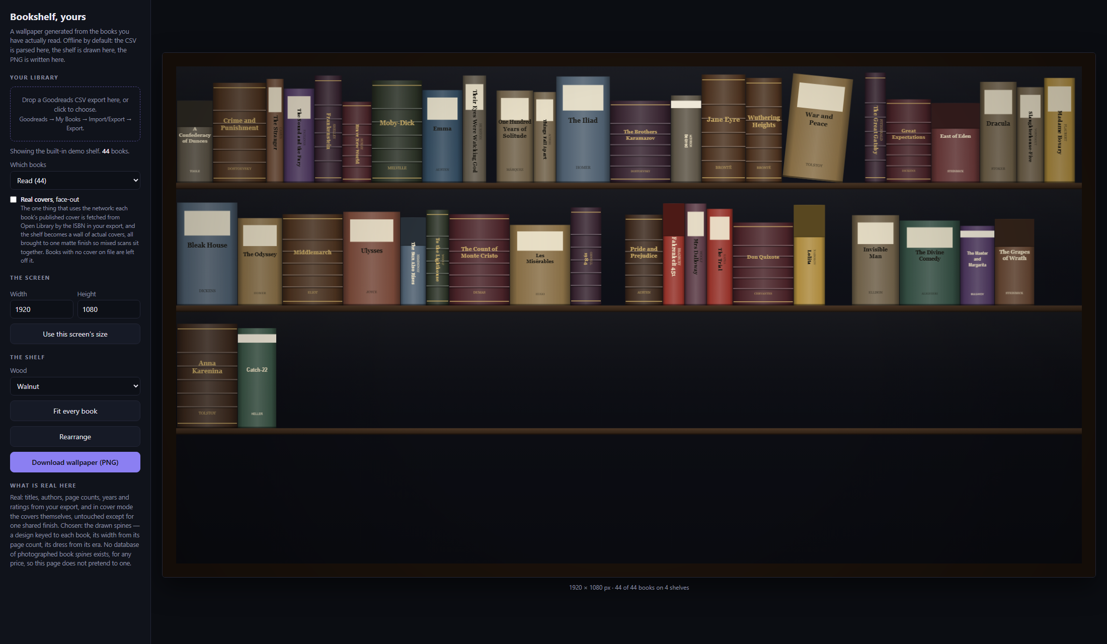 The bookshelf app drawing the demo library as book spines on three walnut shelves